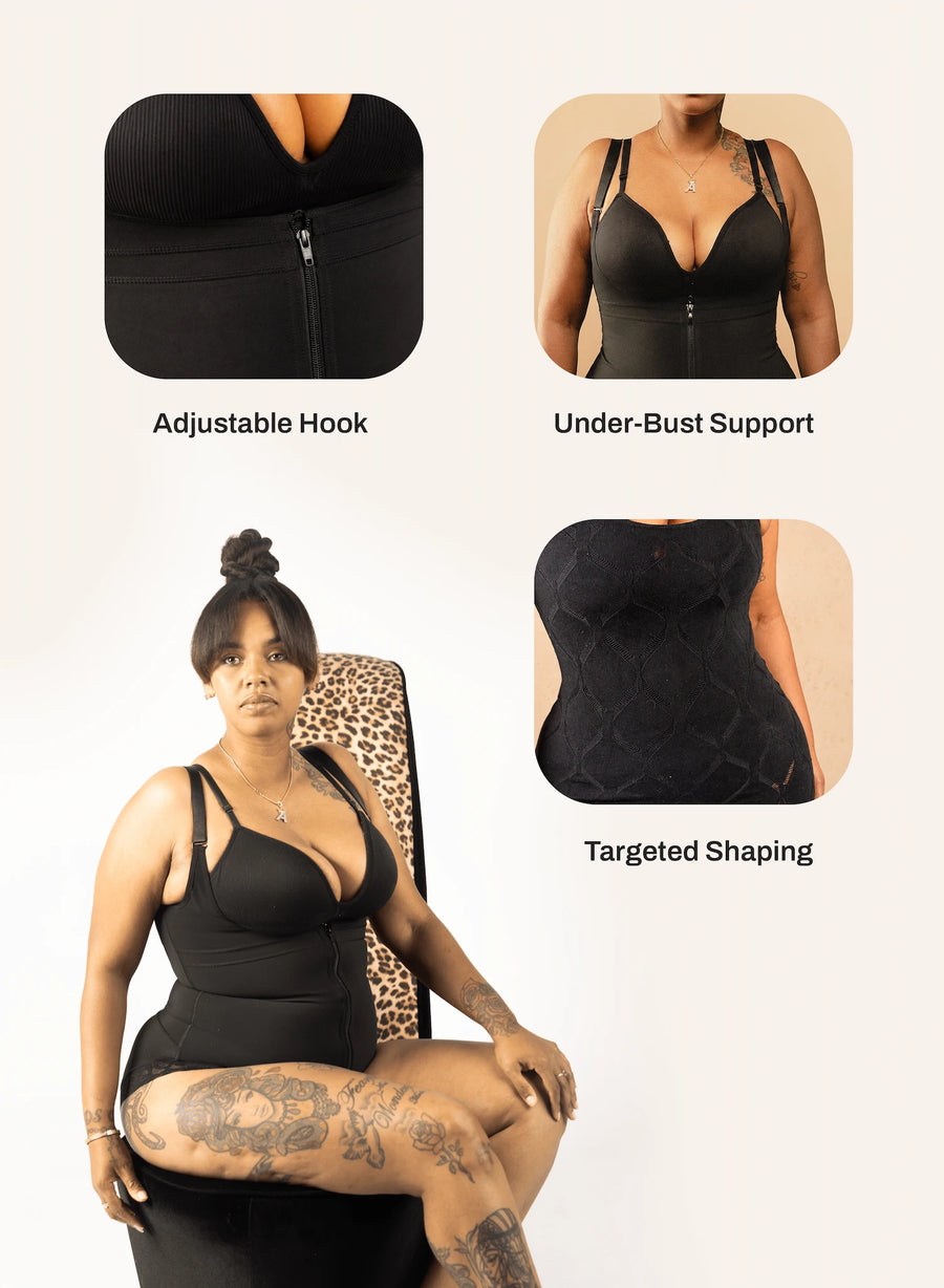 Four close-up details of the SculptControl shaper: the front zip, the under-bust support, the targeted shaping panel, and the full bodysuit worn seated