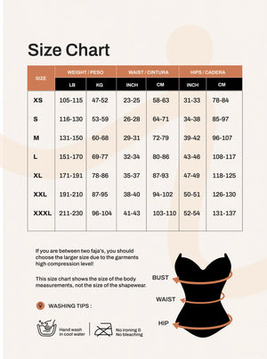 SculptControl size chart listing weight, waist and hip measurements in inches and centimetres for sizes S through 3XL