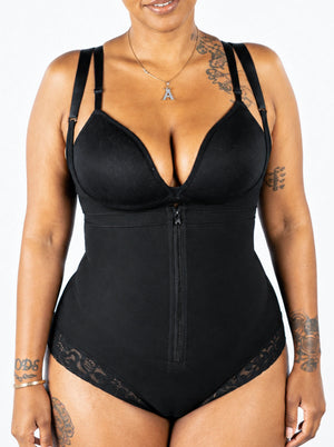 Front view of the black SculptControl shaper bodysuit showing the built-in moulded bra cups, adjustable straps, front zip and lace-trimmed brief